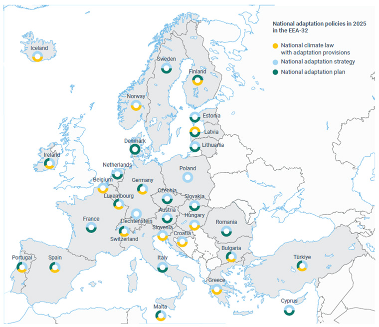 Mappa delle politiche nazionali di adattamento ai cambiamenti climatici in Europa nel 2025, con indicazione di leggi, strategie e piani adottati dai Paesi dell'EEA